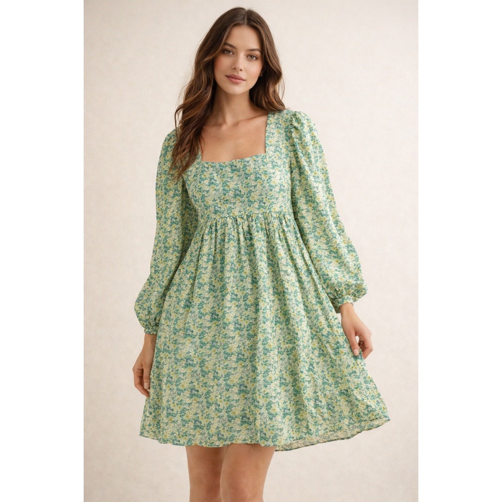 Moon River Anthropologie Green Floral Square Neck Babydoll Dress Size‎ L
